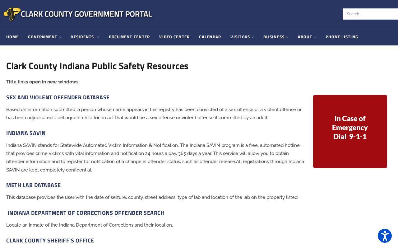 Clark County public safety resources page linking to VINE and Indiana SAVIN
